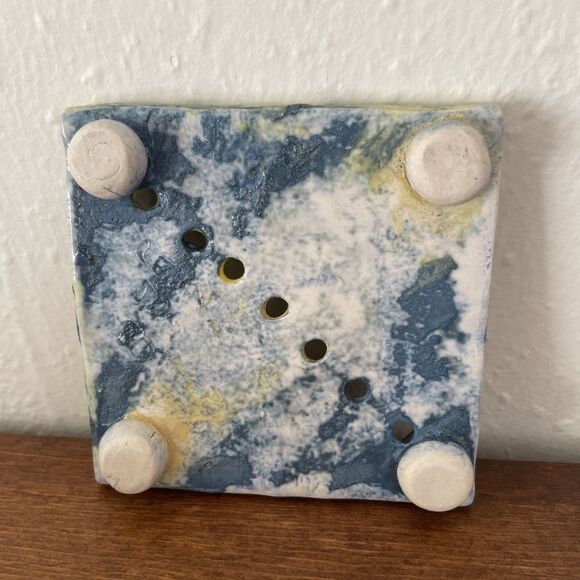 Handmade Pottery Ceramic Soap Dish 3.5‎ Inch Square Yellow Blue Abstract - Picture 3 of 7
